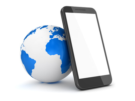 Mobil phone with globe. 3d render and computer generated image.の写真素材