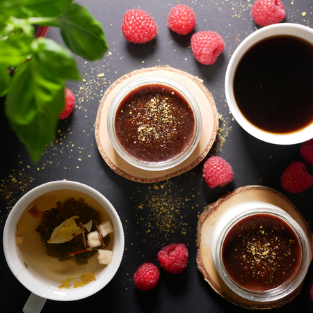 Chocolate desserts. Lying next to the raspberries. View from above. Flat lay.の写真素材