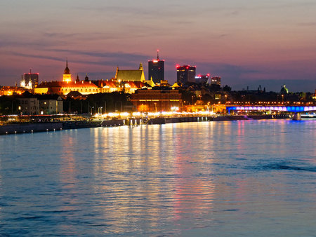 Night panorama on the Vistula boulevards and Warsaw. Polandの写真素材