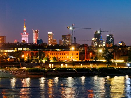 Night panorama on the Vistula boulevards and Warsaw. Polandの写真素材