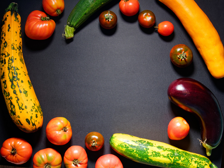 Different fresh organic vegetables for healthy on grey background. Top view with copy spaceの写真素材
