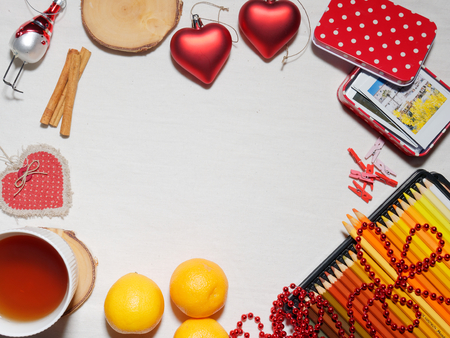 Christmas collection, gifts and decorative ornaments, on white background with copy space.の写真素材