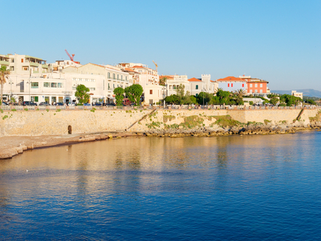 View of the promenade and the old walls of alghero. Alghero, Sardinia.の写真素材
