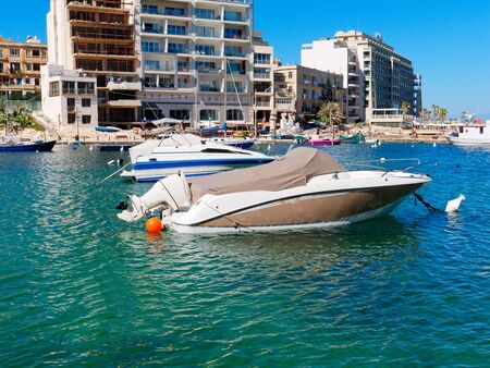 View of the Spinola Bay and charming boats. Malta.の写真素材