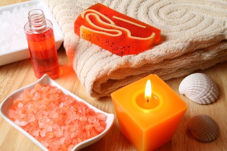 Spa resort therapy composition, candle, oil and salt crystalsの写真素材