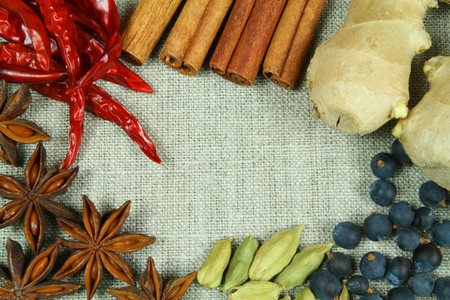 Frame of whole spices on flax backgroundの写真素材