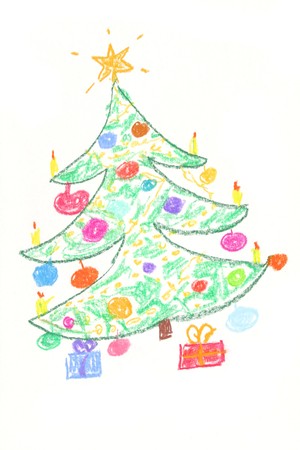 Beautiful decorated Christmas tree with gifts - drawing by children.の写真素材