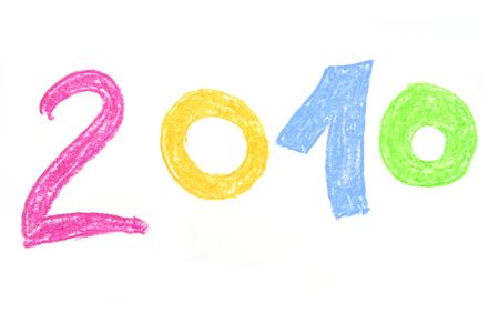 New year 2010 - colorful numbers painted with pastel crayons ower whiteの写真素材