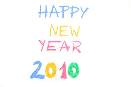 Happy New Year 2010 - colorful numbers and greetings painted with pastel crayons over whiteの写真素材