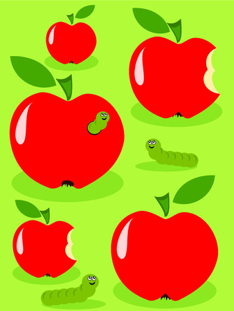 Red juicy glossy apples and green caterpillar feeding on themのイラスト素材
