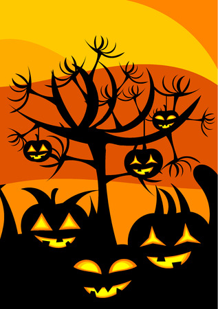 Halloween landscape with pumpkin lanterns and scary tree with handsのイラスト素材