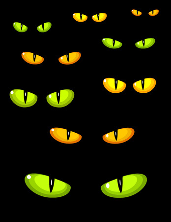 A lot of dangerous green and yellow wild cat eyes in darknessのイラスト素材