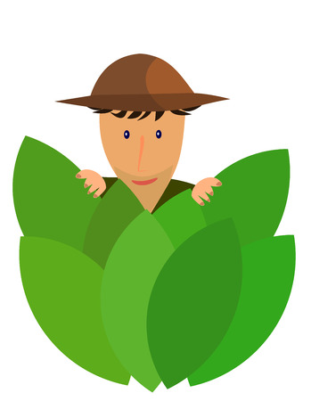 An explorer hidden behind jungle leavesのイラスト素材