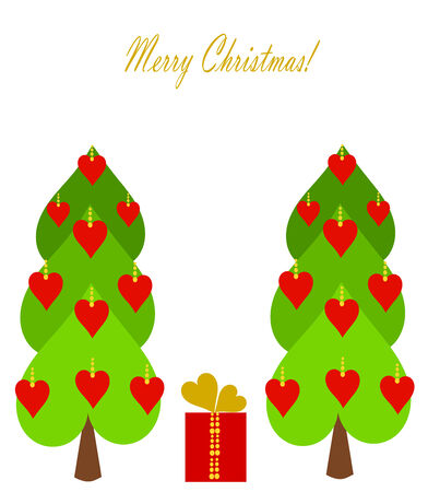 Decorative Christmas trees with red hearts and present. Copy space for greetingsのイラスト素材