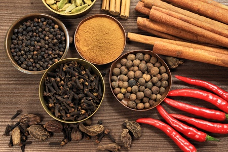 Spices - top shot of whole various kinds backgroundの写真素材