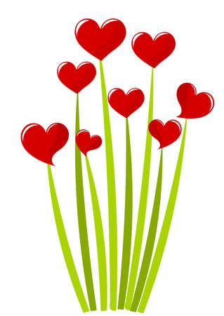 Red hearts growing on green stems - bouquet. Vector illustrationのイラスト素材