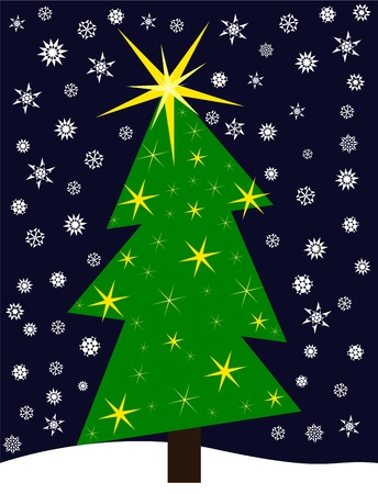Funny crooked Christmas tree in nature. Stars decoration and snowflakesのイラスト素材