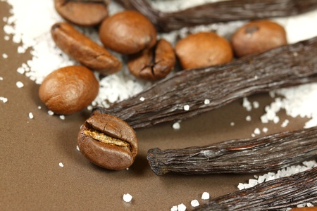 Vanilla, sugar and coffee scatterad - closeup background. Food ingredientsの写真素材