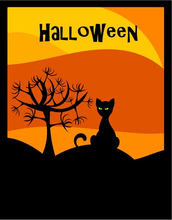Halloween background with black cat and scary treeのイラスト素材