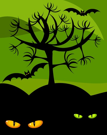 Halloween scary scenery - wild cat eyes, tree and batsのイラスト素材