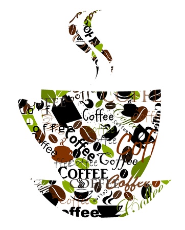 Transparent coffee cup made of various captions, cups and beans. Vector illustrationのイラスト素材