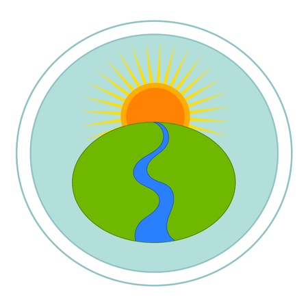 Landscape with river and sun - vector emblemのイラスト素材