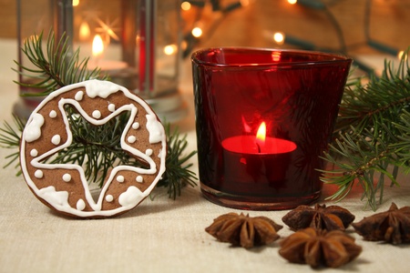 Christmas gingerbread cookie and candle - table decorationの写真素材