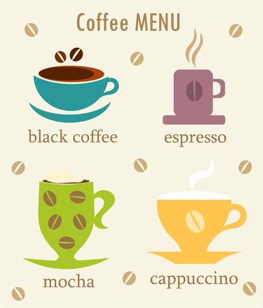Various kinds of coffee in cups - cafe menu. Vector illustrationのイラスト素材
