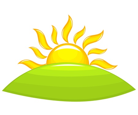 Sun rising above the green hill. Vector illustrationのイラスト素材