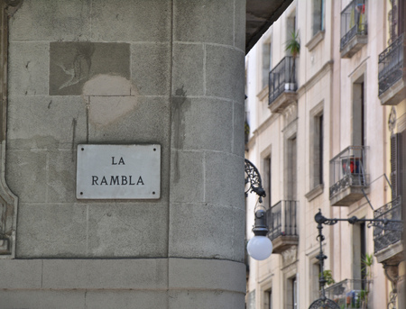 La Rambla, street sign on buildingの写真素材