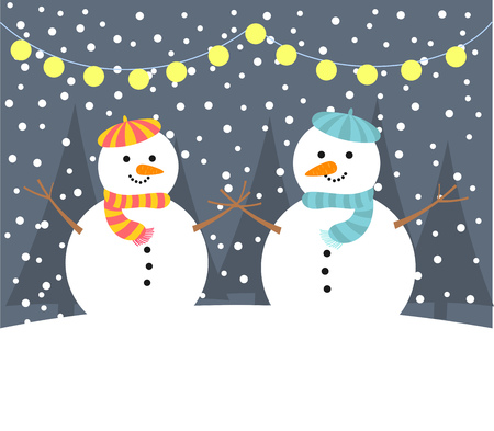 Snowman couple in night winter card. Vector illustrationのイラスト素材