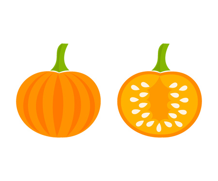 Pumpkin icons, whole and half with seeds inside. Vector illustrationのイラスト素材