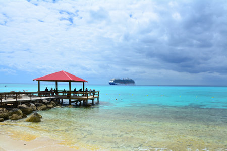 ELEUTHERA, BAHAMAS - MARCH 21, 2017 : View from Princess Cays on Royal Princess ship anchored at sea. Princess Cays is a private resort of Princess Cruises on Eleuthera islandのeditorial素材
