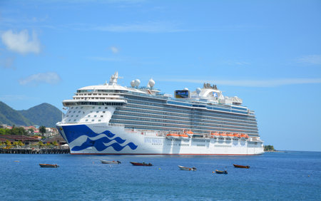 DOMINICA, CARIBBEAN - MARCH 24, 2017 : Royal Princess ship docked in Roseau port. Royal Princess is operated by Princess Cruises line and has a capacity of 3600 passengersのeditorial素材
