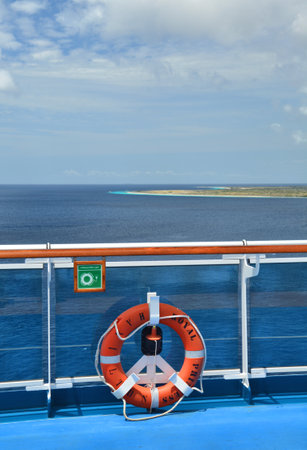 BONAIRE, CARIBBEAN - MARCH 26, 2017 : Lifebuoy on Royal Princess ship docked in Kralendijk port. Royal Princess is operated by Princess Cruises line and has a capacity of 3600 passengersのeditorial素材