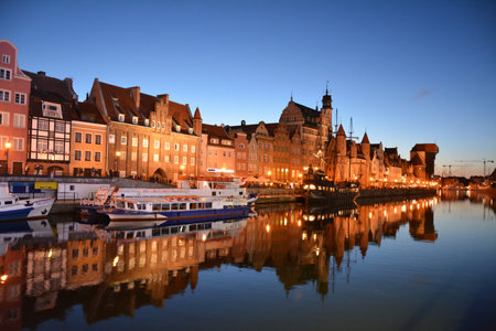 GDANSK, POLAND - JUNE 25, 2015 : Night view of old town  by Motlawa river in Gdansk