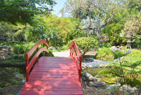 Red bridge over pond in Japanese gardenの写真素材