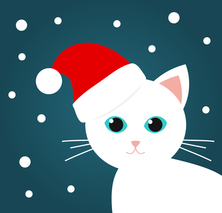 Cute white cat in Santa Claus hat in winter scenery. Vector illustrationのイラスト素材