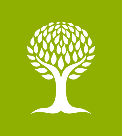 Symbolic white tree icon on green background. Vector illustrationのイラスト素材