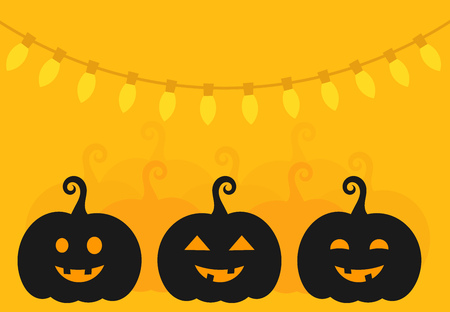 Three Halloween pumpkin lanterns on orange background. Halloween party invitation card.のイラスト素材