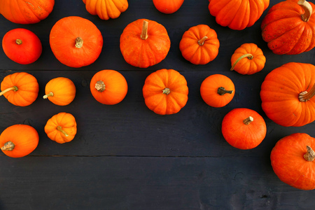 Orange pumpkins border on black wooden background.の写真素材