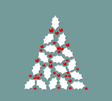 White Christmas tree shape made of holly berry leaves. Vector illustration.のイラスト素材