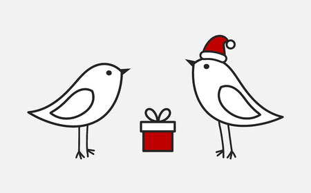 Little white birds couple, Santa hat and present. Christmas vector illustration.のイラスト素材