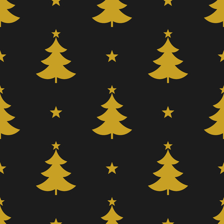 Christmas trees and stars seamless gold pattern. Black background.のイラスト素材
