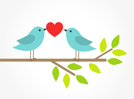 Couple of blue birds on tree branch with heart. Valentine's Day illustrationのイラスト素材