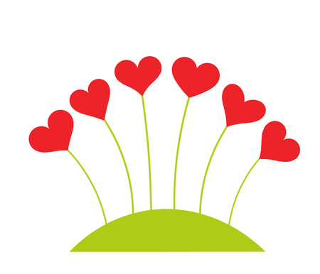 Red hearts growing in green hill. Vector illustration.のイラスト素材