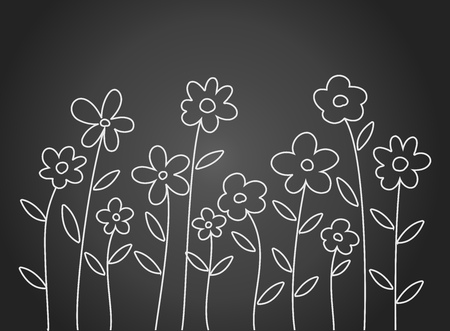 Doodle white line flowers on black background. Vector illustration.のイラスト素材