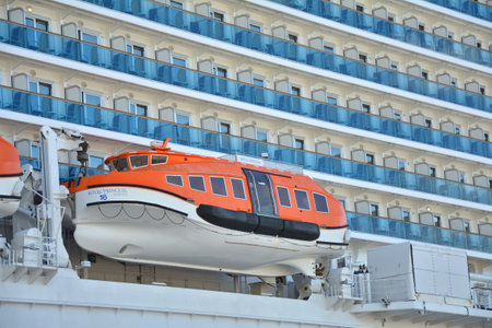 FORT LAUDERDALE, FL, USA - MARCH 30, 2017 : Lifeboat on Royal Princess ship docked in Port Everglades seaport. Royal Princess is operated by Princess Cruises line and has a capacity of 3600 passengers.のeditorial素材