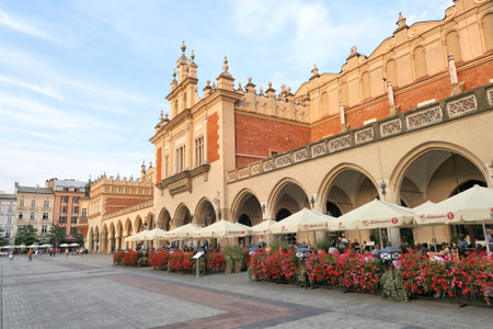 KRAKOW, POLAND - AUGUST 30, 2018 : The cloth hall Sukiennice at the main square 'rynek' in old town. Krakow is one of the oldest cities in Poland.のeditorial素材