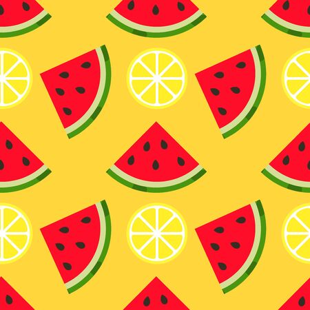 Watermelon and lemon fruits summer sunny pattern. Vector illustration.のイラスト素材